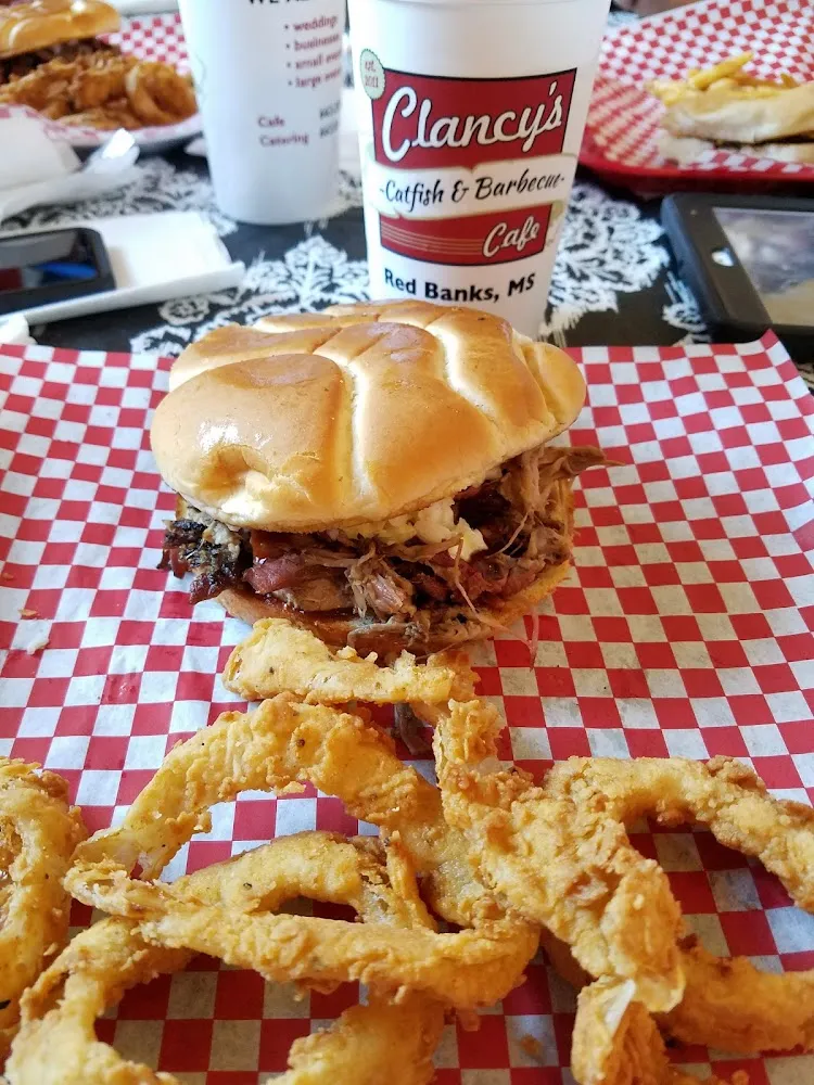 Pulled Pork Sandwich with Onion Rings